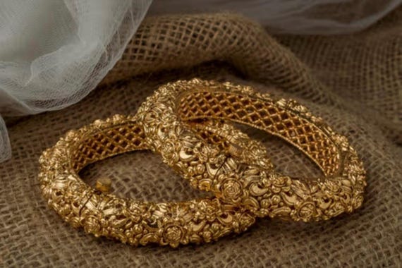 Antique Matte Gold Plated Bangles: Indian Kada Style, Size 2.2