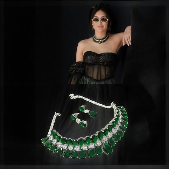 Sabyasachi Inspired CZ green emerald doublet stone premium quality choker jewelry set, earrings, American Diamonds , next to real diamonds