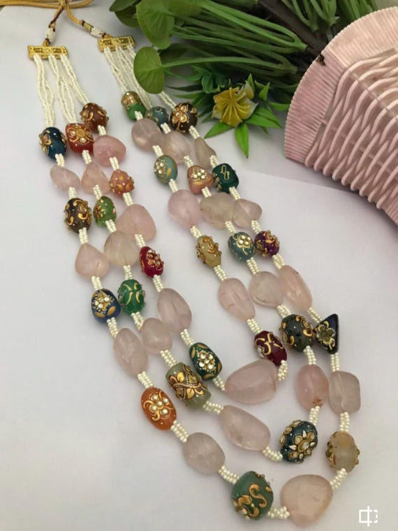 Handcrafted Multicolor Beaded Necklace with Rose Quartz and Meenakari Accents | Boho Ethnic Jewelry | Layered Indian Statement Necklace