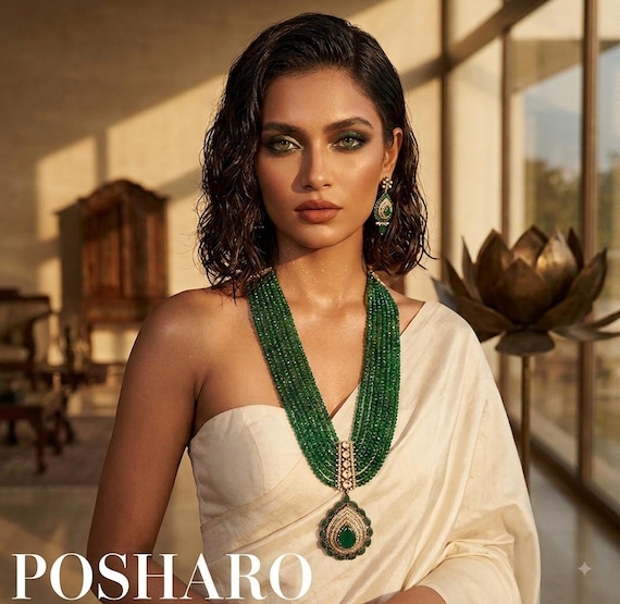 Emerald Polki Rani Haar Necklace Set: Gold Plated Silver Foil Jewelry