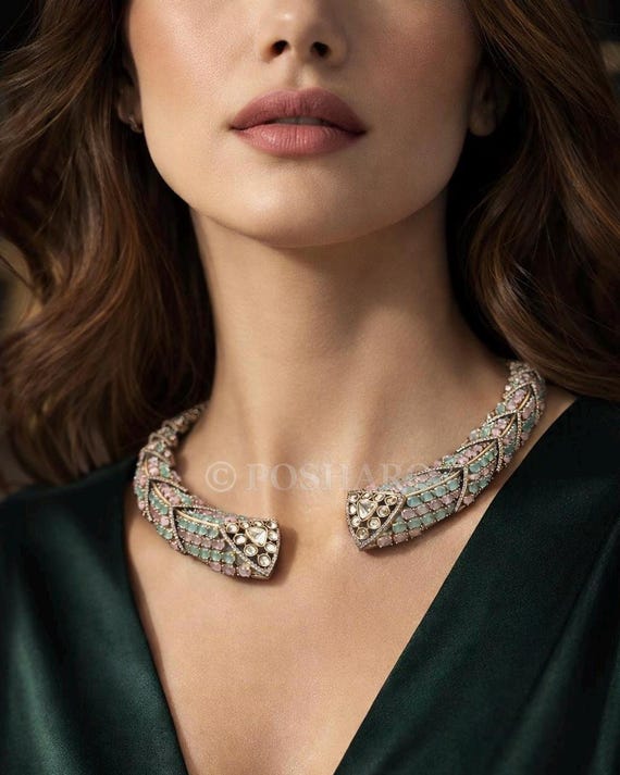 Pastel Kundan Hasli Necklace Set with Earrings | Mint Pink Kundan Choker Set | Statement Indian Jewelry | Wedding & Festive Wear