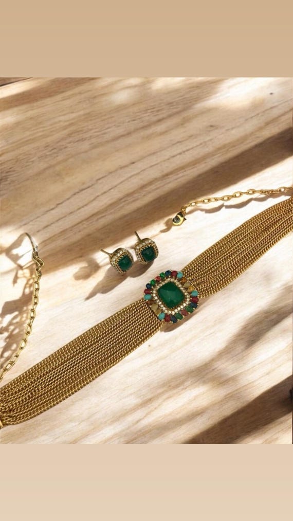Indian Bollywood Fashion Sabyasachi Inspired 24k gold plated multicolored CZ stones Choker Necklace Set