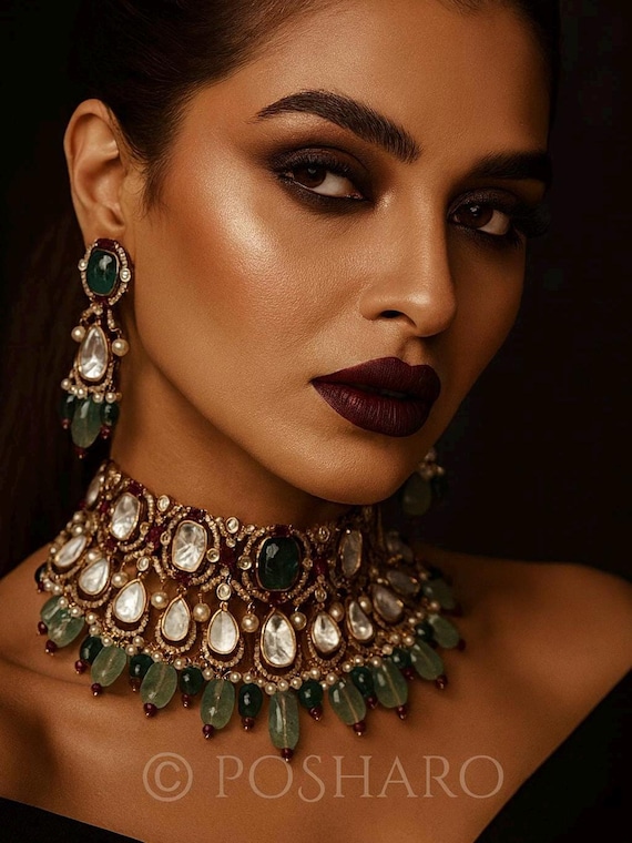 Moissanite Polki Choker Set: Green Emerald, Kundan Gold Plated Bridal Necklace