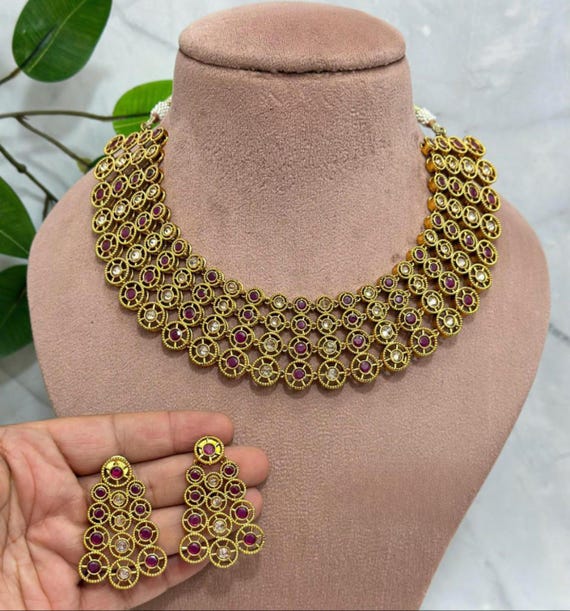 Ruby CZ Gold Plated Necklace Set: South Indian Bridal Jewelry