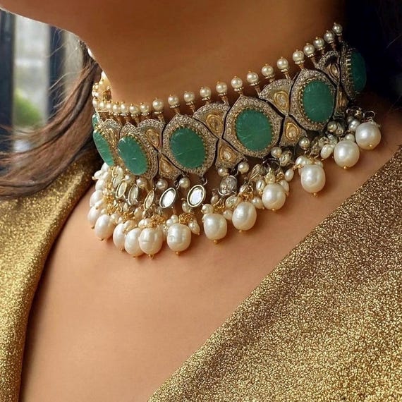 Gold Plated Polki Choker Necklace Set: Pastel Green Stone Kundan Jewelry