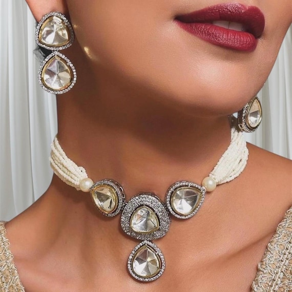 Sabyasachi Inspired fine silver Plated fusion handcrafted polki choker necklace set or jewellery set with rice beads neckline.