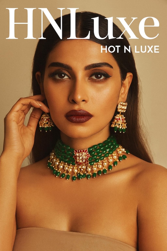 Kundan Polki Choker Set: Emerald, Ruby Glass Beads, Gold Plated