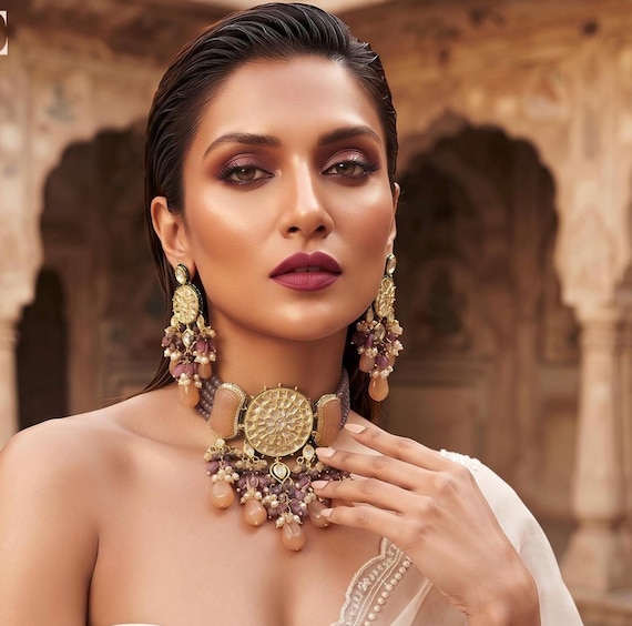 Handcrafted Polki Kundan Peach Orange Stone Choker Necklace with Earrings | Bridal Statement Jewelry | Indian Wedding Jewelry