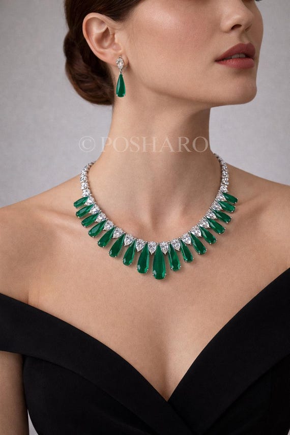 Emerald Green Teardrop Diamond Necklace Set with Matching Earrings | Luxury Statement Jewelry | Bridal & Evening Wear