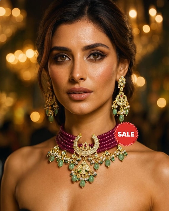 Exquisite Polki Kundan Choker Necklace Set with Earrings | Semi-Precious Stones | Bridal & Party Wear Jewelry