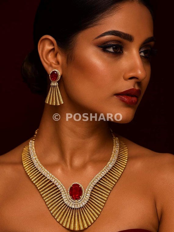Egyptian Bridal Necklace Set: Matte Gold Plated Ruby Doublet Statement Jewelry