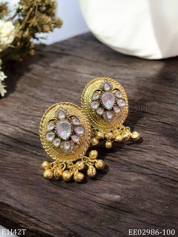Indian Bollywood Traditional Sabyasachi Inspired Gold Plated Silver Foil Polki Kundan Lightweight Studs Victorian Earrings