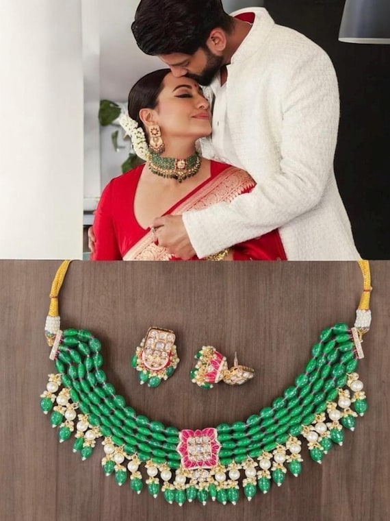 Indian Bollywood Traditional Sabyasachi Inspired Emerald Green and Red Ruby Gold plated moissanite polki kundan glass beads choker set