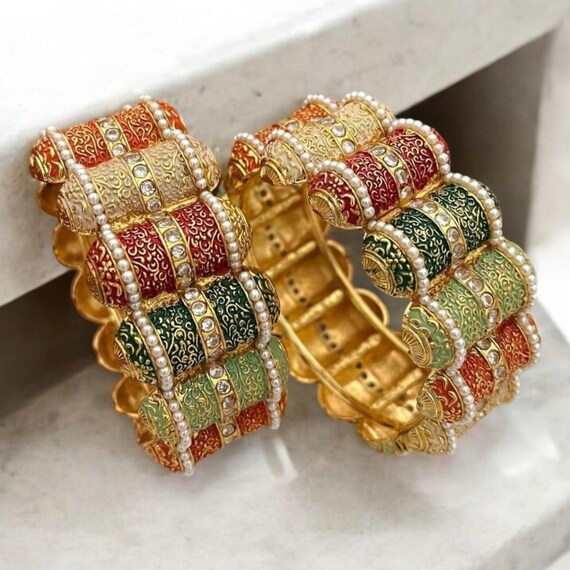 Indian Bollywood Fashion Sabyasachi inspired gold plated traditional multicolored bangles kdha or kangans Size 2.4