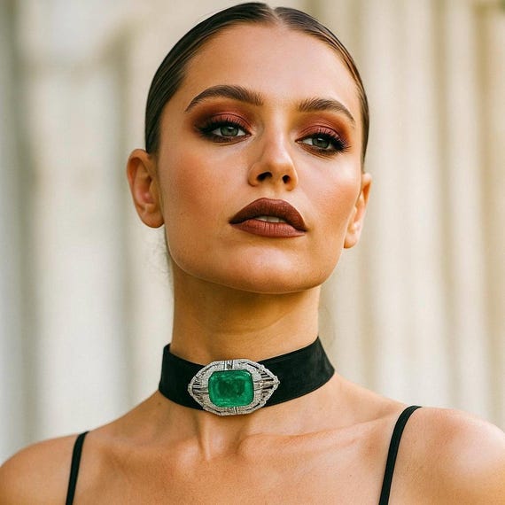 Emerald Green Choker Necklace & Earrings: Art Deco CZ Statement Jewelry