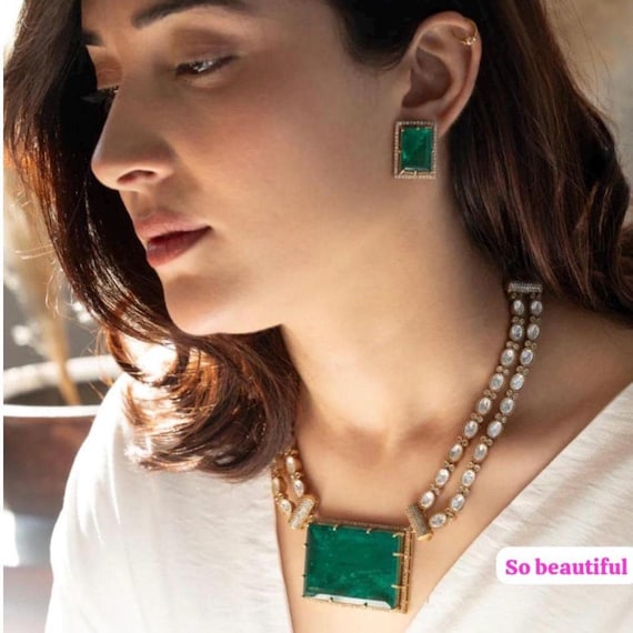 Sabyasachi Inspired fine 22k Gold Plated Moissanite polki green emerald doublet stone necklace set or jewellery set