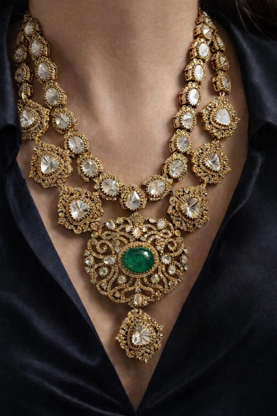 Polki Kundan Bridal Jewelry Set | Victorian Gold Necklace with Earrings & Maang Tikka | Emerald Pendant Set | Indian Wedding Jewelry
