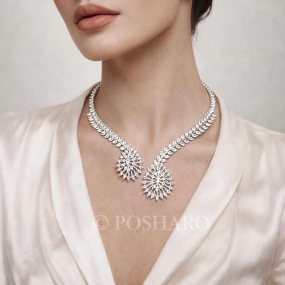 CZ Silver Hasli Necklace Set: Indian Bridal Jewelry