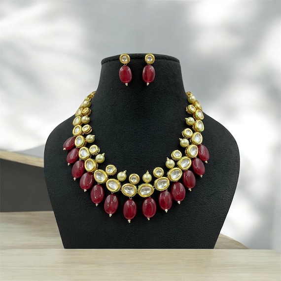 Indian Bollywood Traditional Sabyasachi Inspired Gold Plated red beads minakari kundan necklace set jewellery set or necklace with earrings