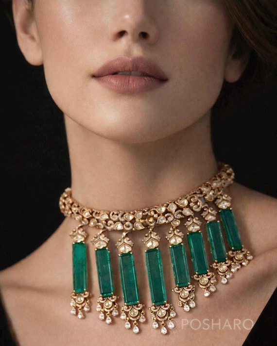 Emerald Green Victorian Gold Necklace Set | Polki Kundan Choker | Indian Bridal Jewelry | Luxury Wedding Necklace | Bollywood Style Jewelry