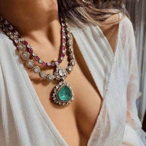 Bollywood Sabyasachi Inspired CZ cubic zirconia green emerald ruby accents premium quality  necklace  set, necklace with earrings