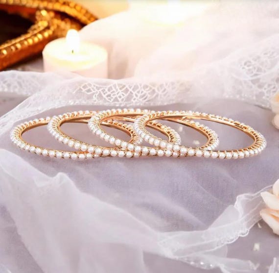 Bollywood Fashion Sabyasachi inspired gold plated pearl traditional bangles kdha or kangans Size 2.6