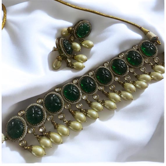 Sabyasachi Inspired fine Gold Plated Victorian handcrafted green stones and Moissanite polki victorian finish choker set or jewellery set