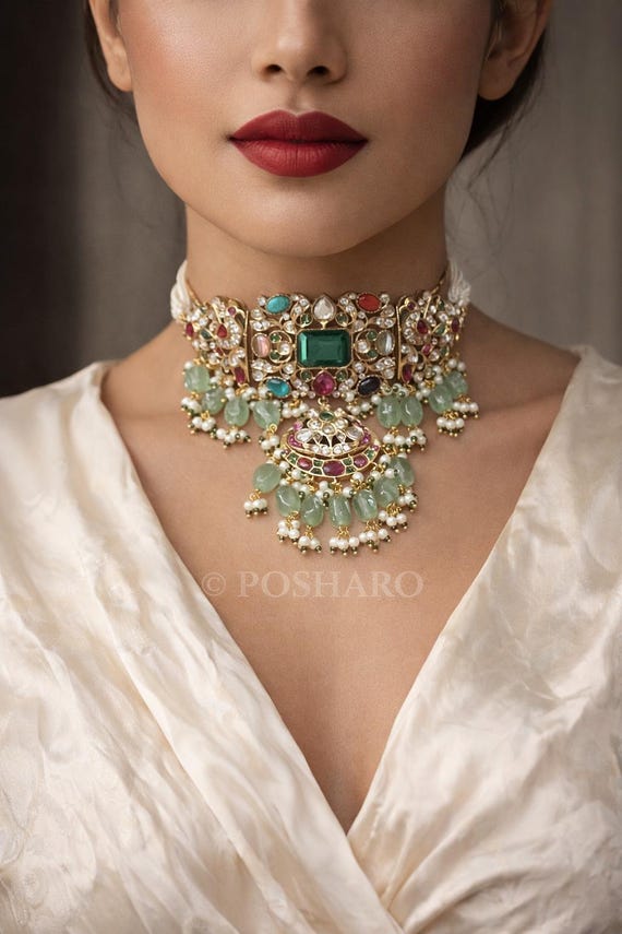 Moissanite Jadau Polki Choker Necklace Set: Sabyasachi Inspired Bridal Jewelry Set