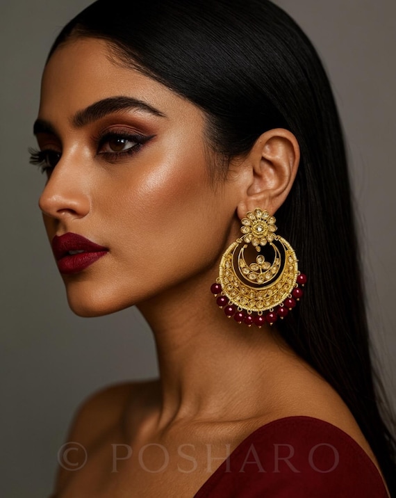 Sabyasachi Inspired Bollywood Red Ruby Chaandbali Earrings | Indian Kundan Moissanite Polki Traditional Earrings