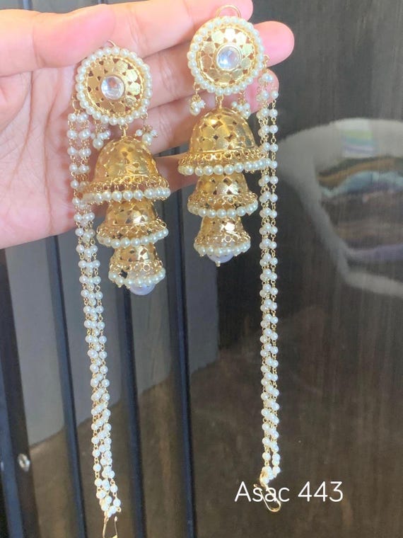 Traditional Double-Jhumka Earrings with Long Pearl Chains | Bridal & Festive Indian Jewelry | Gold Finish | POSHARO