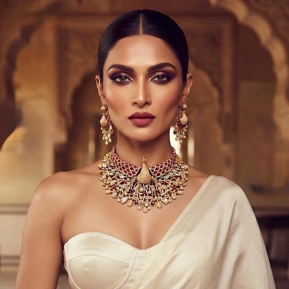 Ruby Pink Peacock Bridal Choker Necklace | Kundan Polki Statement Jewelry | Indian Wedding Jewelry Set | Luxury Festive Choker