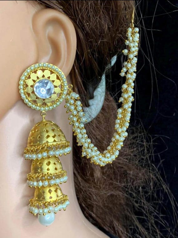 24k Gold Plated Bollywood Designer Polki Jhumka Earrings with Pearl Ear Chains