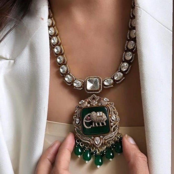 Victorian Moissanite Green Emerald Polki Sabyasachi Inspired Necklace Set /Uncut Kundan gold plated/Reception victorian Bridal Necklace Set