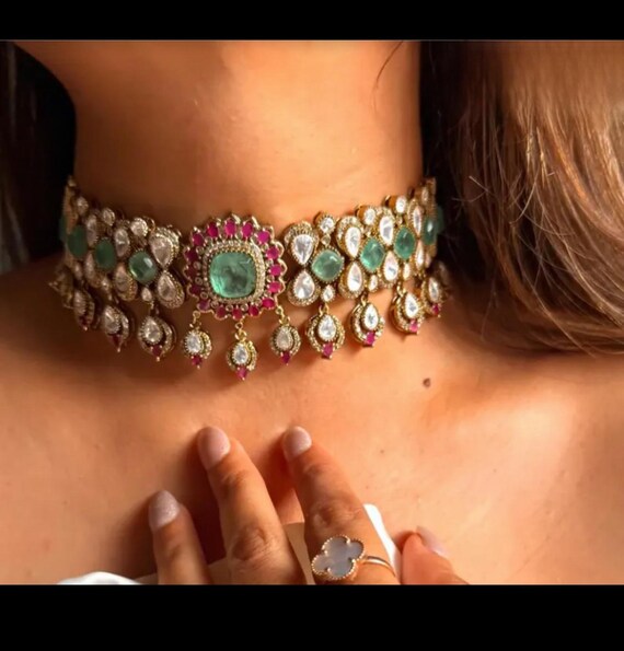 Sabyasachi Inspired fine Gold Plated Victorian green emerald and wine red ruby stones and Moissanite polki choker with earrings