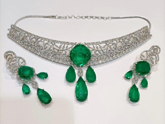 Sabyasachi Inspired CZ green emerald doublet stone premium quality choker jewelry set, earrings, American Diamonds , next to real diamonds
