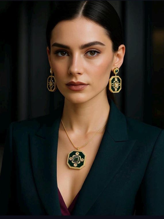 Moissanite Polki Pendant Necklace Set: Gold Plated Invisible Wire, Victorian Earrings