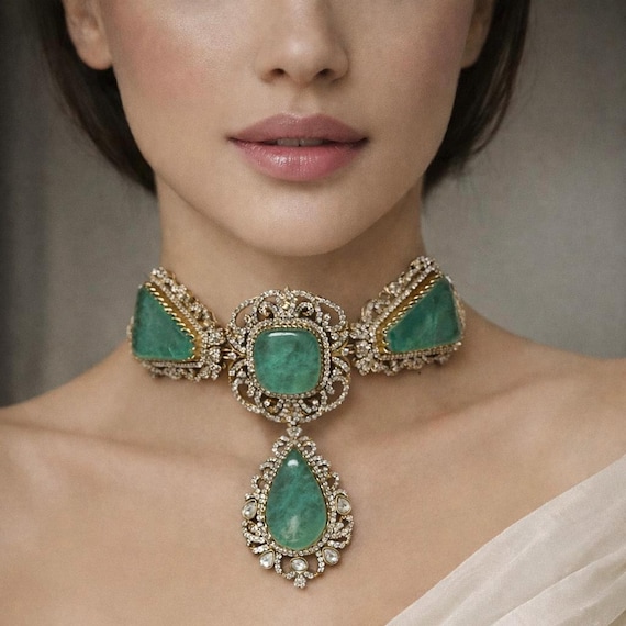 Emerald Green Statement Choker Necklace Set – Polki Style Bridal Jewelry with Matching Earrings | Luxury Indian Wedding Necklace | Posharo