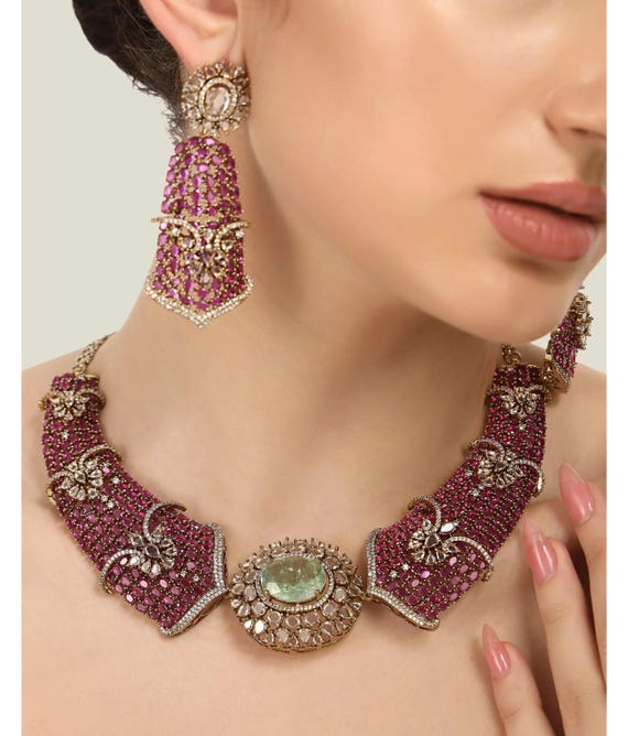 CZ Polki Necklace Set, Bridal Statement Choker, Indian Wedding Jewelry, Ruby Kundan Style