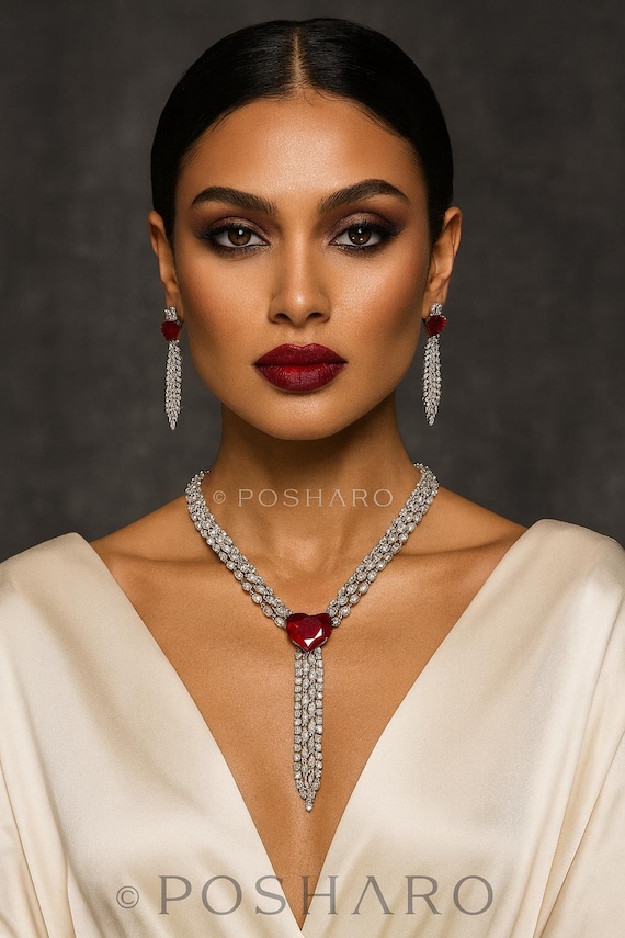 CZ Ruby Heart Necklace & Earrings Set: Sabyasachi Inspired Bridal Jewelry