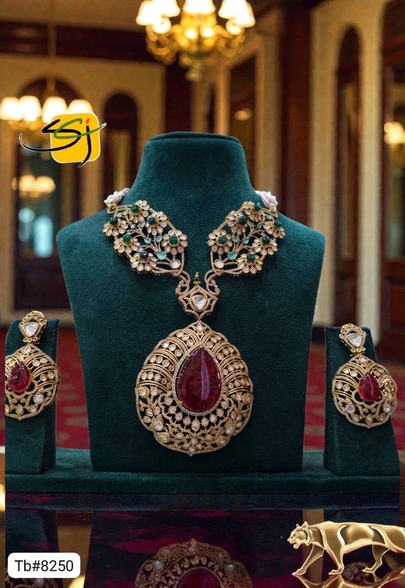 Ruby Kundan Necklace Set | Polki Bridal Jewelry, Gold Finish