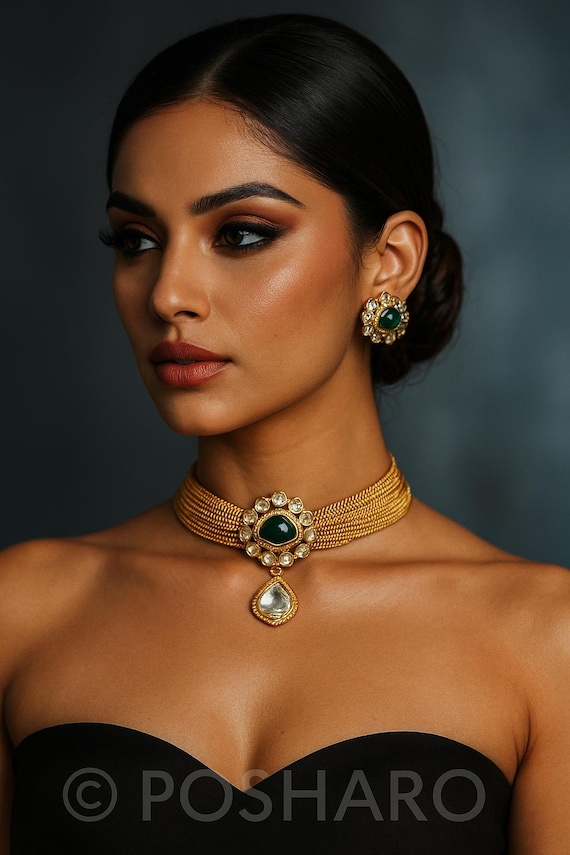 Emerald Choker Necklace Set: 24k Gold Plated Bollywood Jewelry