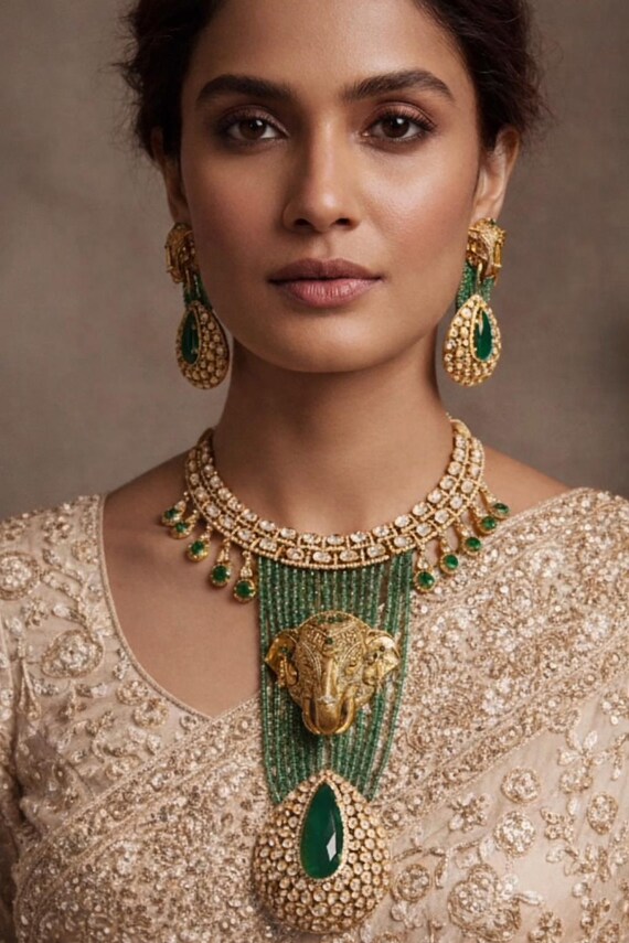 Luxury High Grade Moissanite Elephant Motif Necklace Set | 22kt Gold Plated Copper Polki Bridal Jewelry | Handcrafted Green Emerald Luxe Set