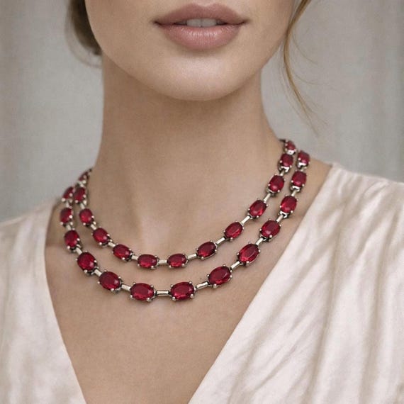 Ruby Red CZ Necklace Set – Double Strand Statement Wedding Jewelry