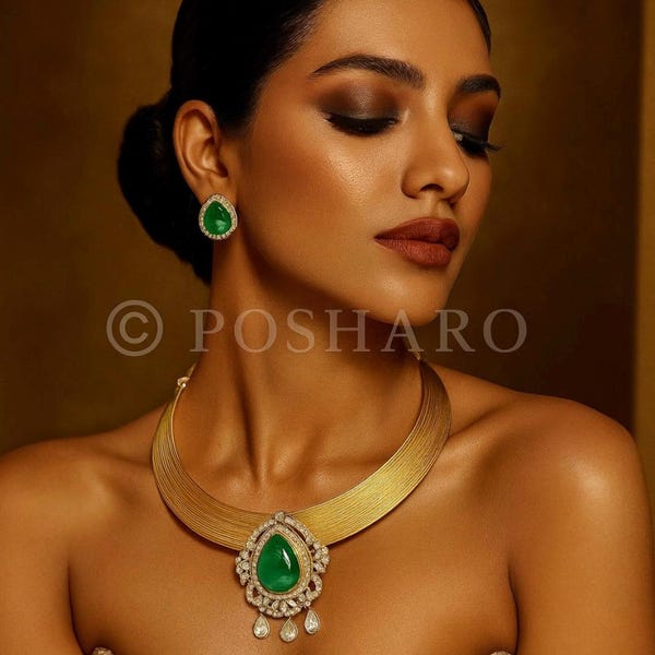 Conjunto de colares esmeralda Polki Hasli: banhado a ouro, folha de prata