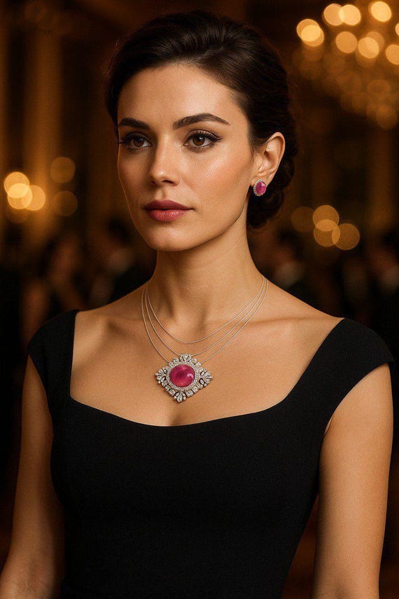 Moissanite CZ Polki Pendant Necklace & Earrings Set: Silver Finish, Invisible Wire