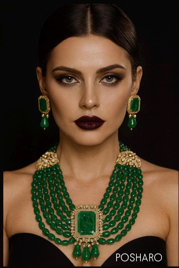 Bollywood Moissanite Green Emerald Polki Sabyasachi Inspired Necklace Set /Reception victorian Bridal Choker Set