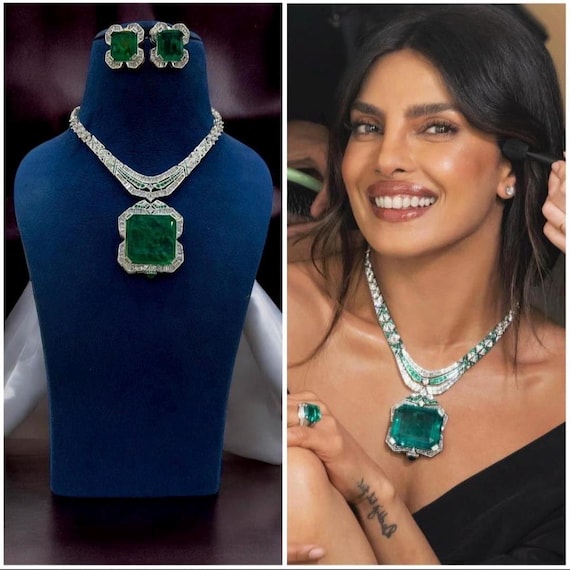 Priyanka Chopra Inspired Emerald Statement Necklace Set | Designer CZ Bridal Jewelry | Bollywood Style Green Stone Jewelry