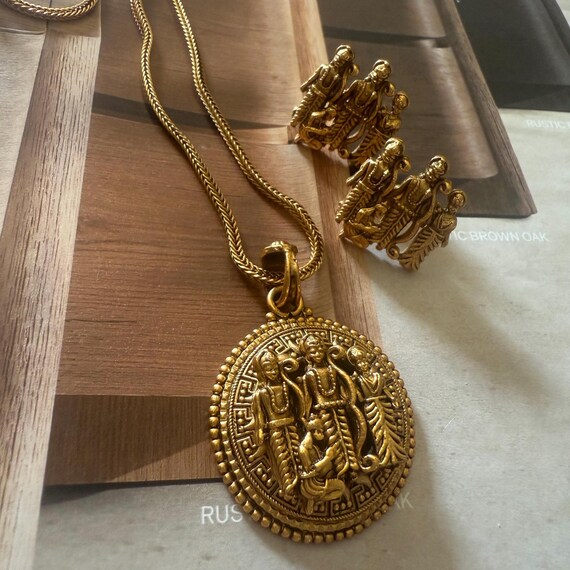 Traditional Ram Darbar temple gold plated antique matte finish pendant set with earrings | Gold plated copper | Temple Jewelry