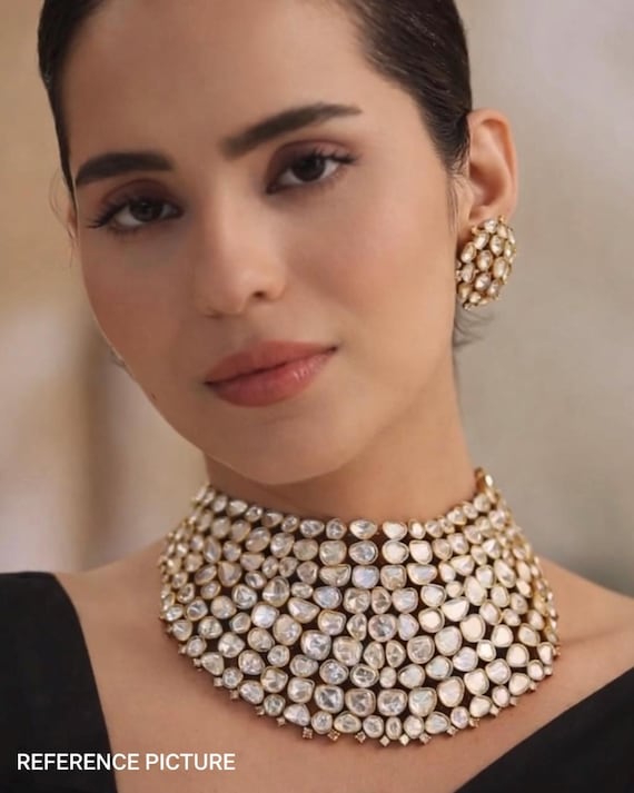 Moissanite uncut Polki Kundan Choker Set:  Gold-Plated Indian Jewelry
