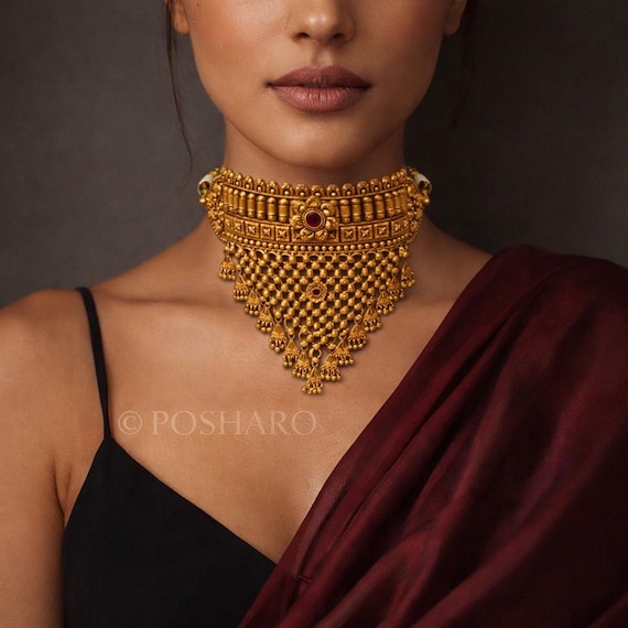 Gold Plated Choker Necklace Set, Traditional Indian Bridal Choker, Jhumka Earrings with Maang Tikka, Ethnic Wedding Jewelry Set, Antique